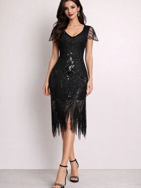Black  1920s Vintage Gatsby  Sequin Fringe Cocktail Dress - Women